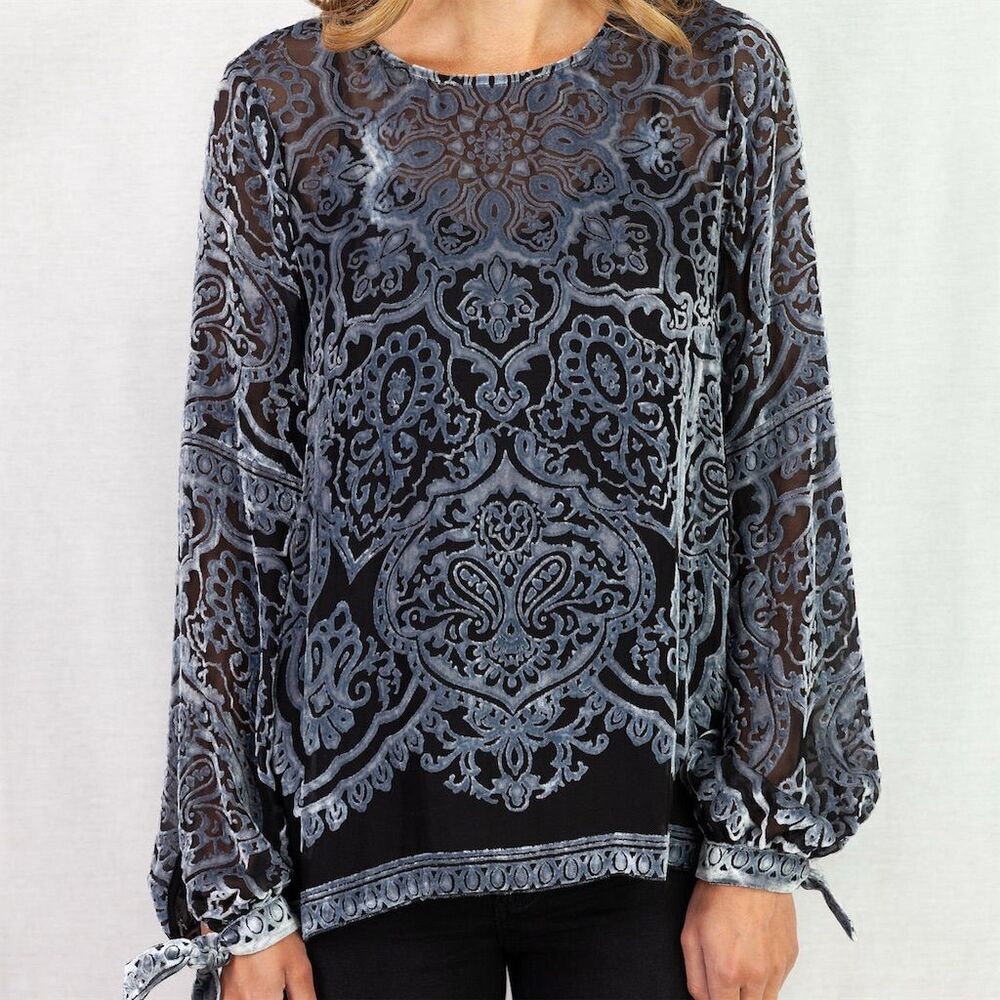 Hale Bob Women's Black Velvet Flock Blouse Size XS Bell Sleeve & Tie Cuff